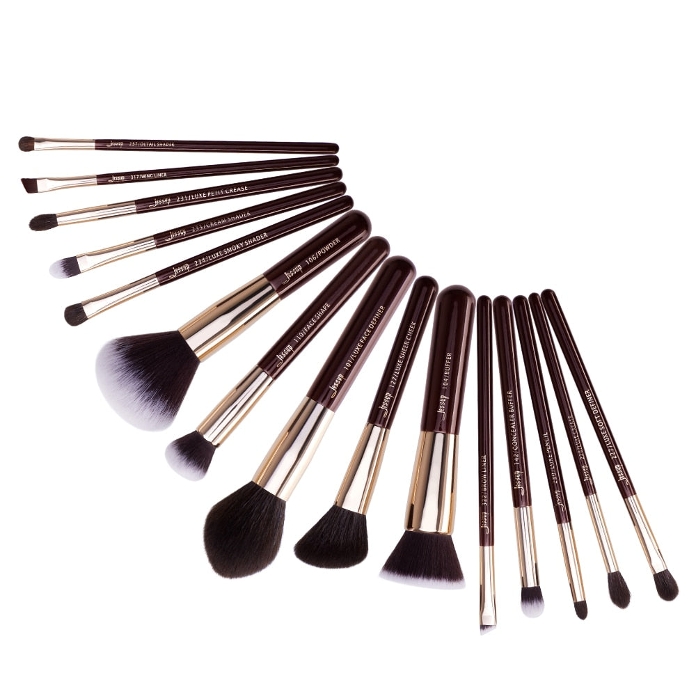 Jessup Makeup Brush Set Foundation Buffer Eyeshadow Blending Brush Powder Make Up Tool Kits 15pcs Goat Hair Cosmetic Kits